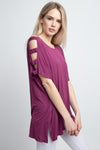 Woman’s short dolman sleeve top with lattice detail