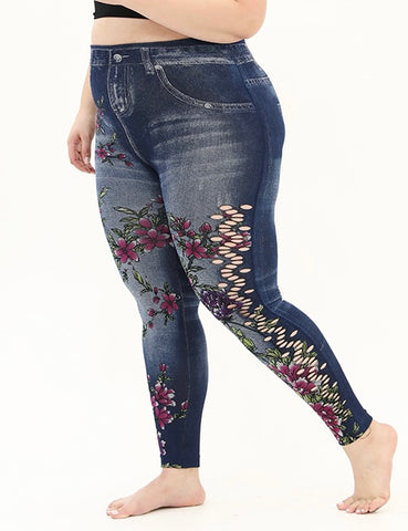 Plus size Blue ripped jeggings with flowers