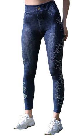 High waisted jeggings with shiny side flowers