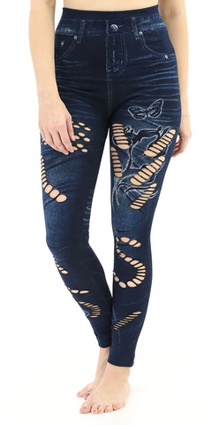Blue Jeggings with butterflies and rips